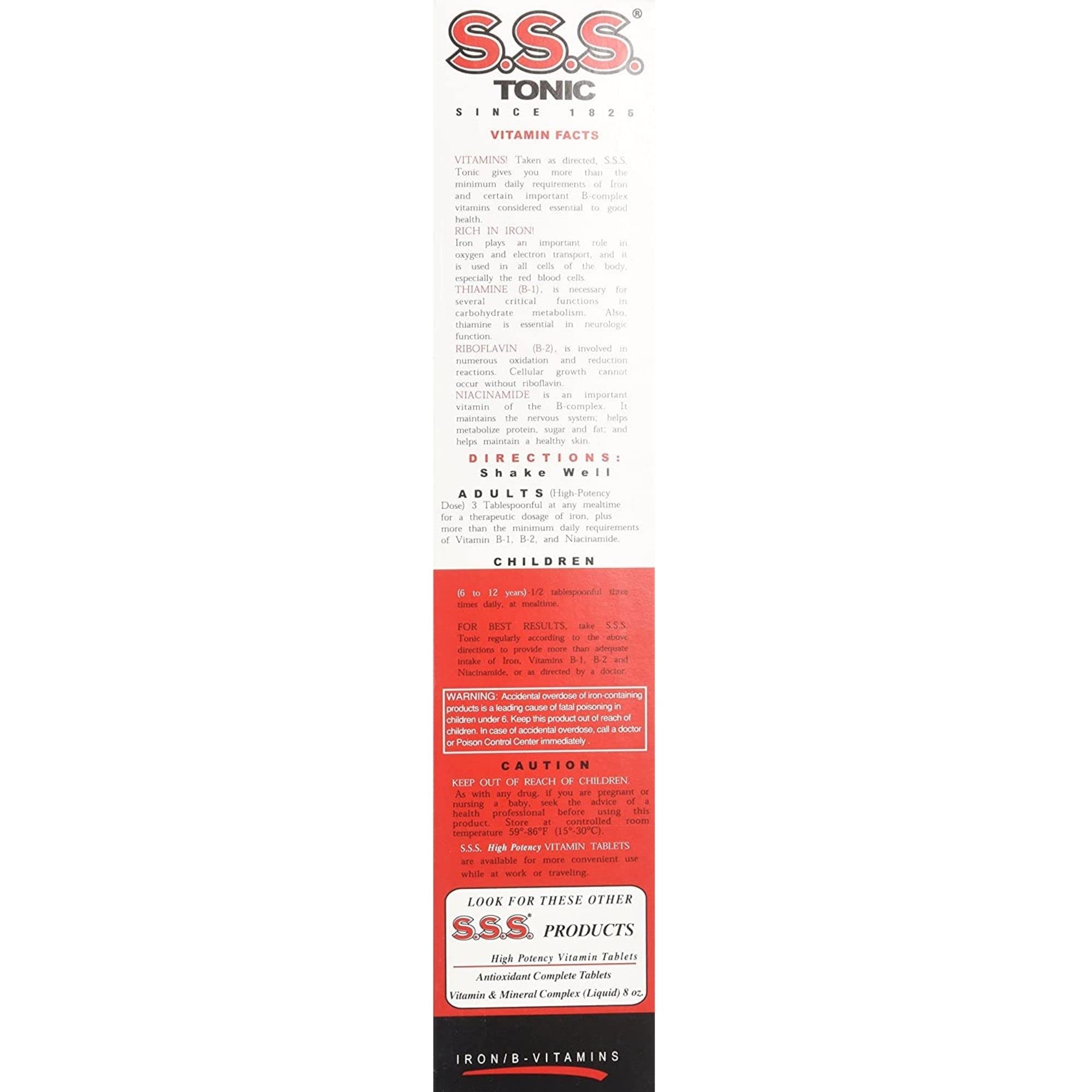 Close-up of S.S.S. Tonic liquid bottle label highlighting iron and B vitamins for daily vitality.