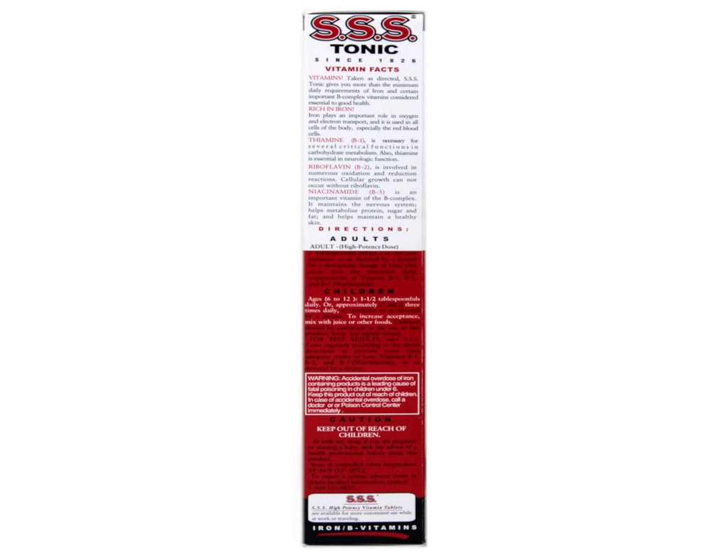 S.S.S. Tonic nutrition facts panel highlights iron and B vitamins