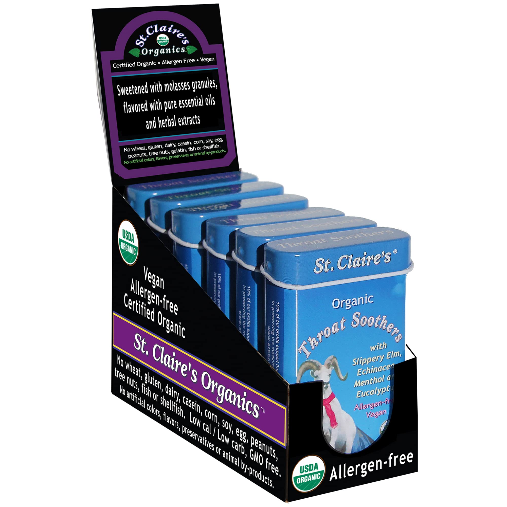 St. Claire's Organics Throat Soothers tin easing throat discomfort.