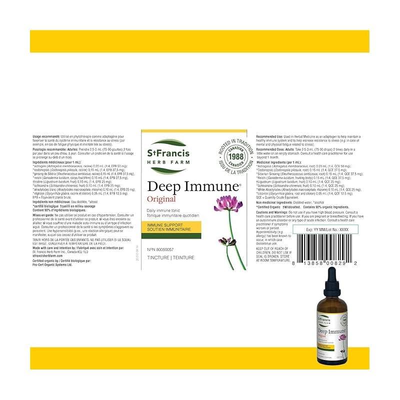 St. Francis Deep Immune tincture label close-up emphasizes organic and vegan ingredients.