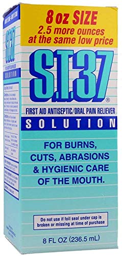 Close-up of S.T.37 label emphasizes gentle, low-sting mouthwash formula.