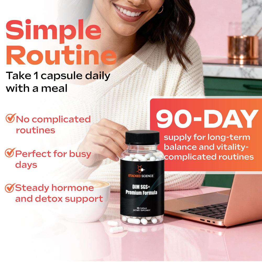 Stacked Science DIM SGS+ pomegranate container highlights antioxidant support