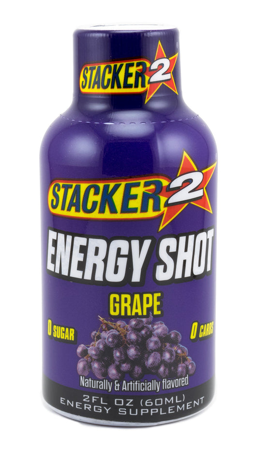 Stacker 2 Energy Shot Grape label close-up showing zero calories and zero carbs