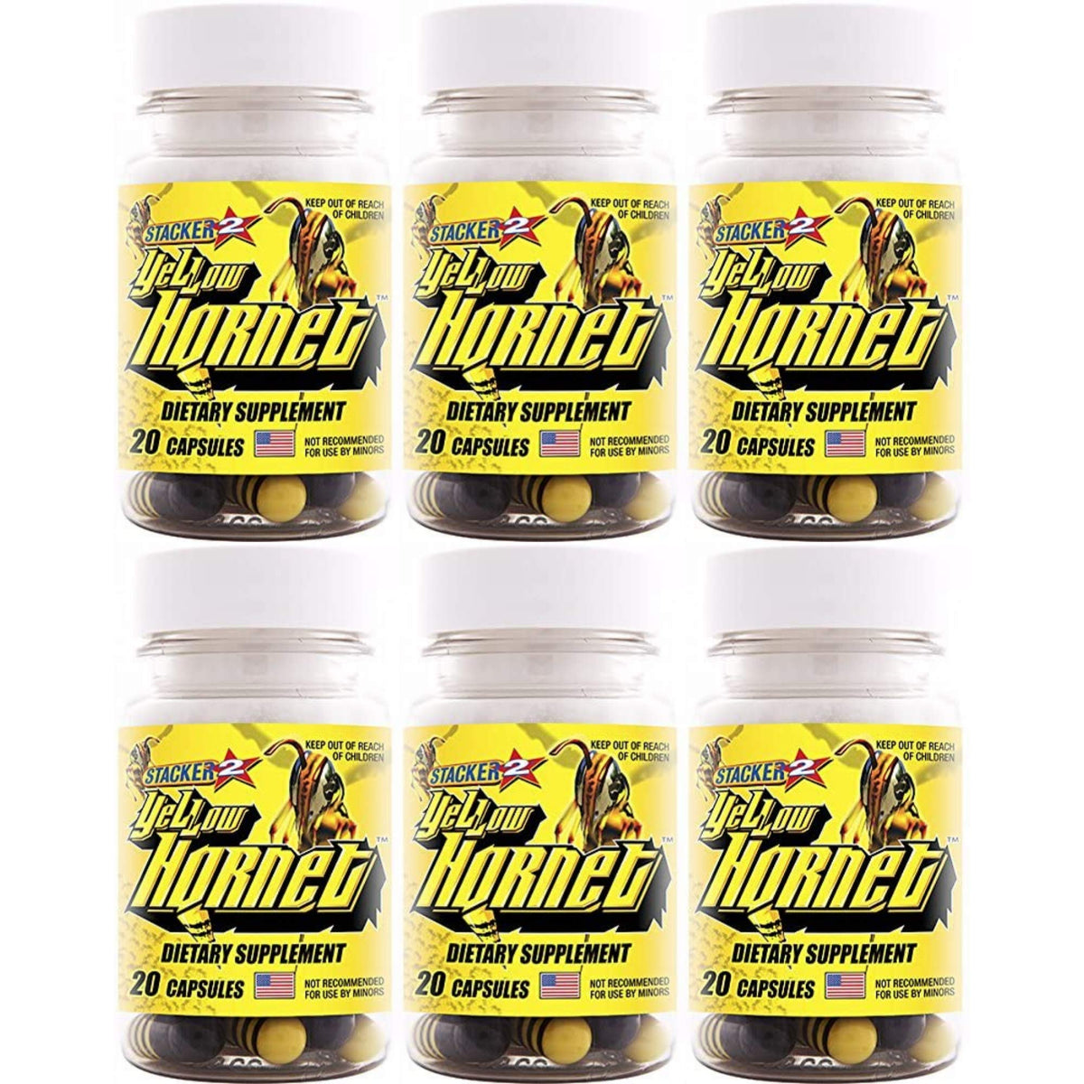 STACKER 2 Yellow Hornet bottle front showing energy-boosting herbal blend.