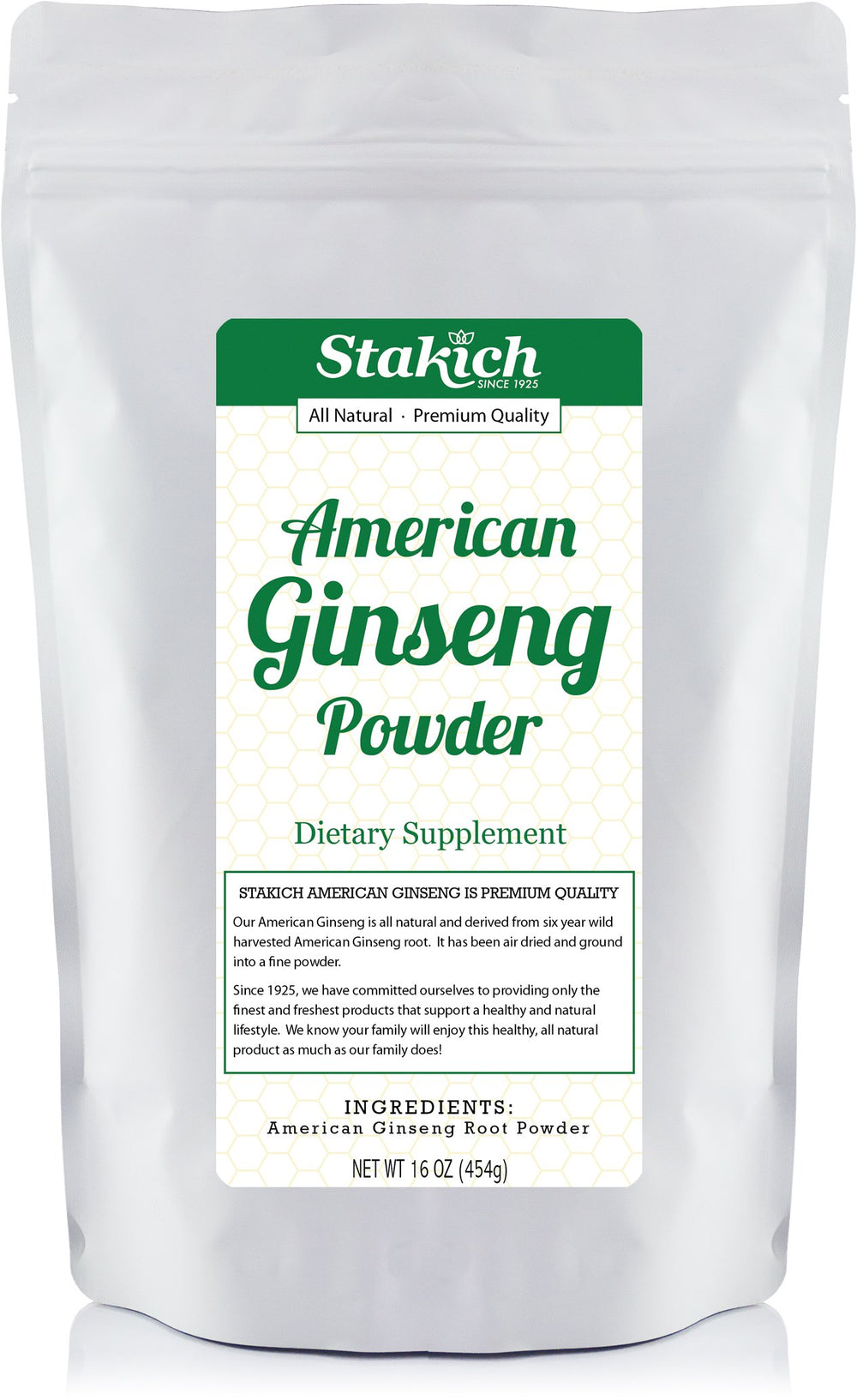 Stakich American Ginseng Root Powder packaging highlights premium purity for daily smoothies.