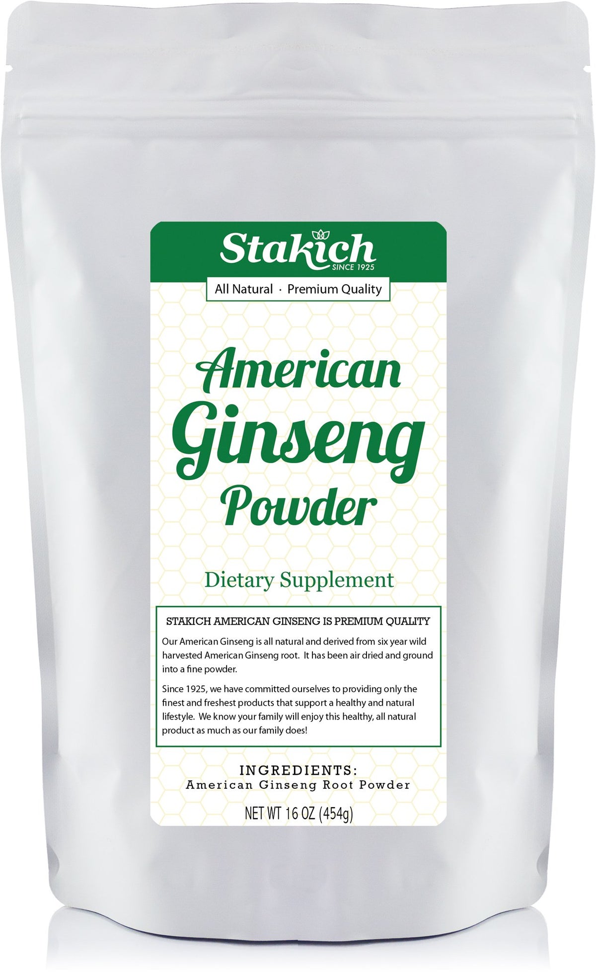 Stakich American Ginseng Root Powder packaging highlights premium purity for daily smoothies.
