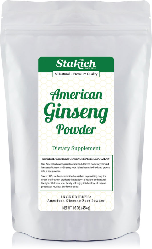 Stakich American Ginseng Root Powder packaging highlights premium purity for daily smoothies.