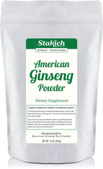 Stakich American Ginseng Root Powder packaging highlights premium purity for daily smoothies.