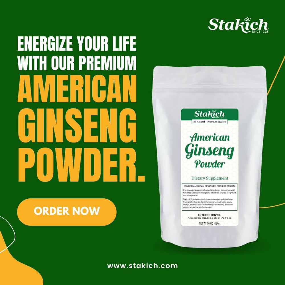 Stakich American Ginseng Root Powder scoop shows convenient measuring for recipes and shakes.