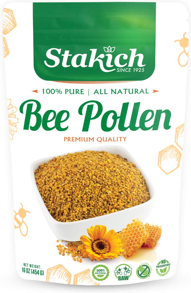 Stakich Bee Pollen Granules 1 lb jar on kitchen counter, premium daily ingredient