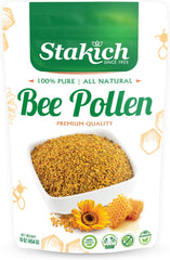 Stakich Bee Pollen Granules 1 lb jar on kitchen counter, premium daily ingredient
