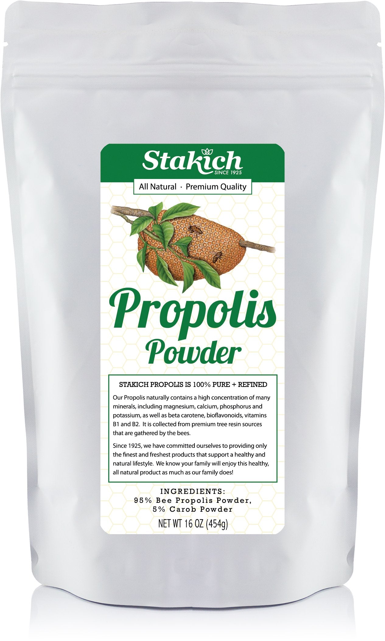 Stakich Bee Propolis Powder jar showing pure propolis for easy mixing into foods