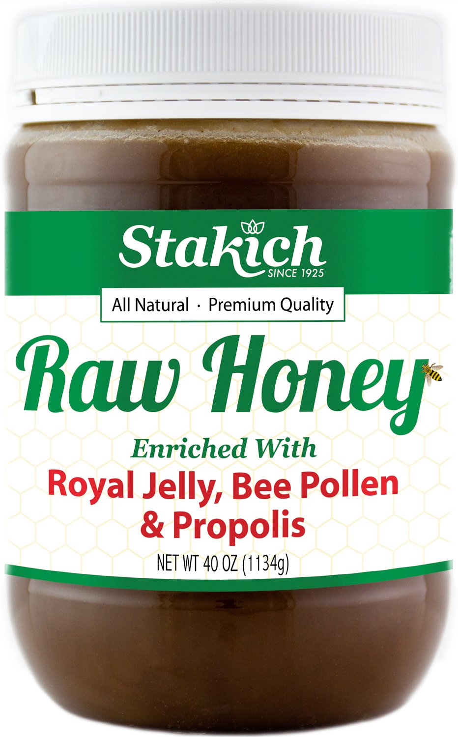 Stakich raw honey 40oz jar close-up for purity and flavor.
