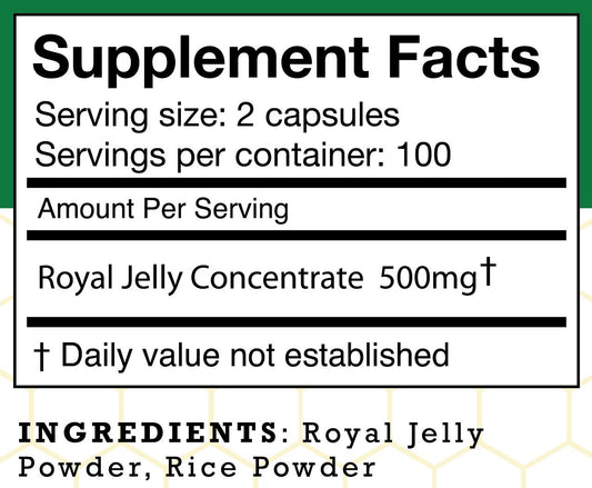 Close-up of Stakich Royal Jelly 500 mg capsule for easy daily use