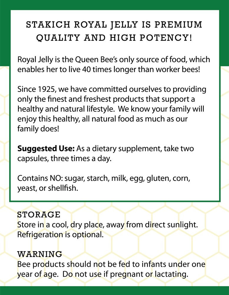 Stakich Royal Jelly Capsules 200-count bottle on display for daily wellness