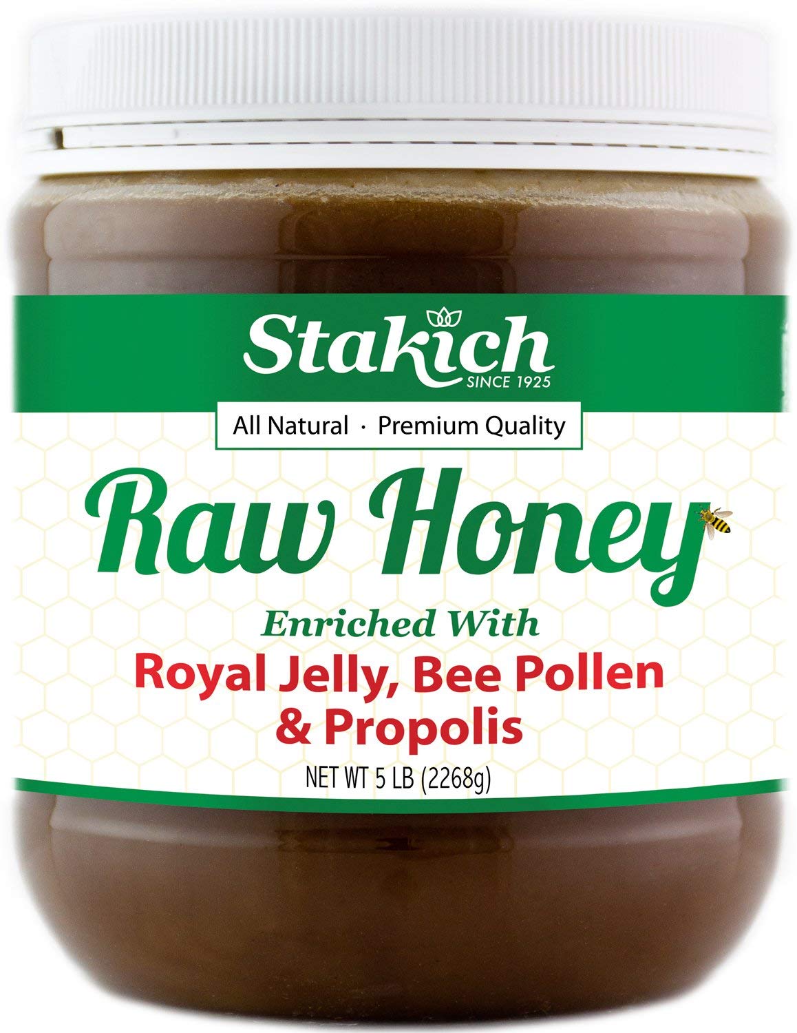 Stakich Royal Jelly enriched raw honey bottle pour shows natural energy and rich flavor.