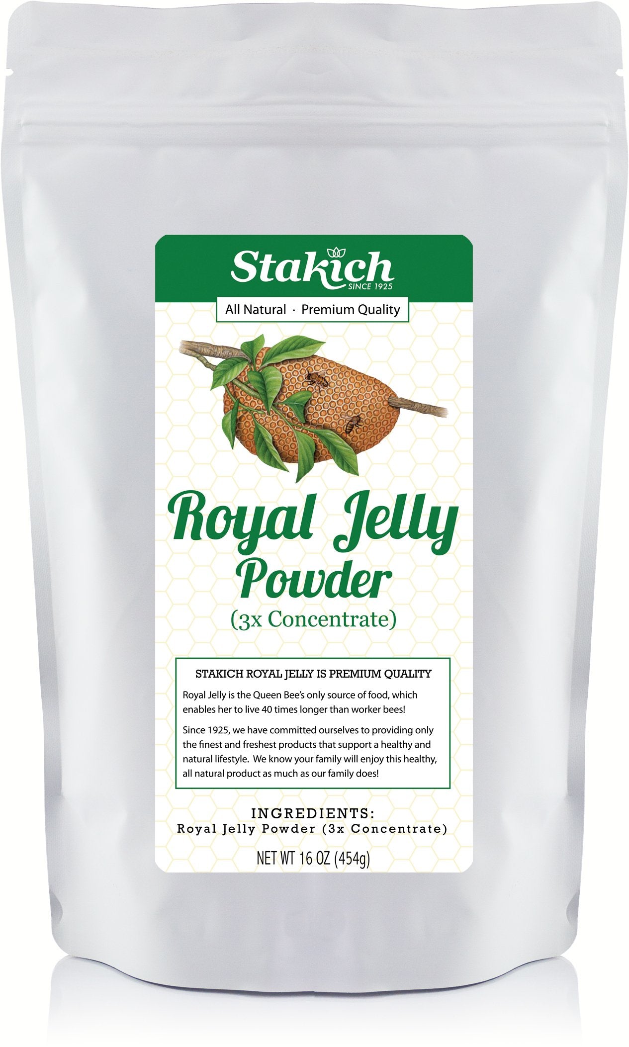 Stakich Royal Jelly Powder bottle shows premium freeze-dried formula for daily energy.