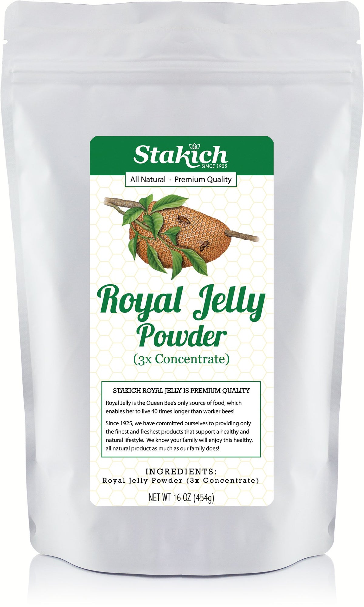Stakich Royal Jelly Powder bottle shows premium freeze-dried formula for daily energy.