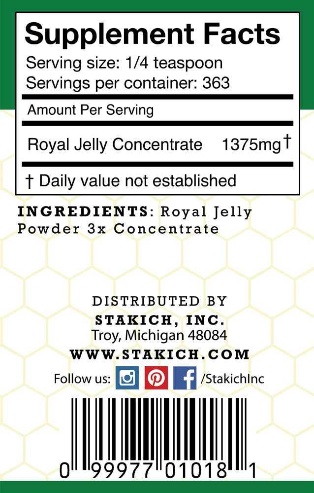Stakich Royal Jelly Powder spoon for easy dosage in smoothies and yogurt.