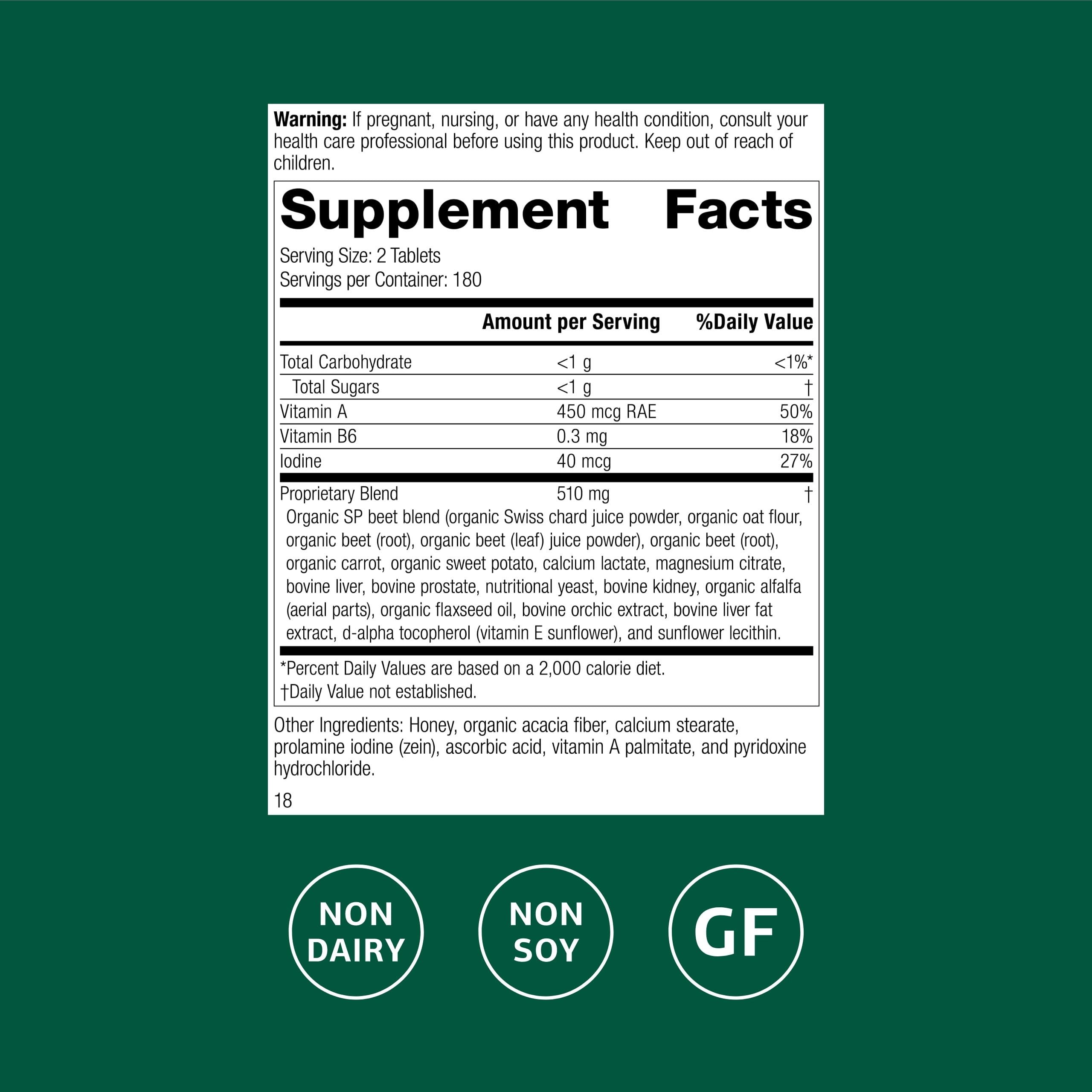Standard Process A-F Betafood bottle pours to show easy daily intake.