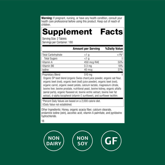 Standard Process A-F Betafood bottle pours to show easy daily intake.