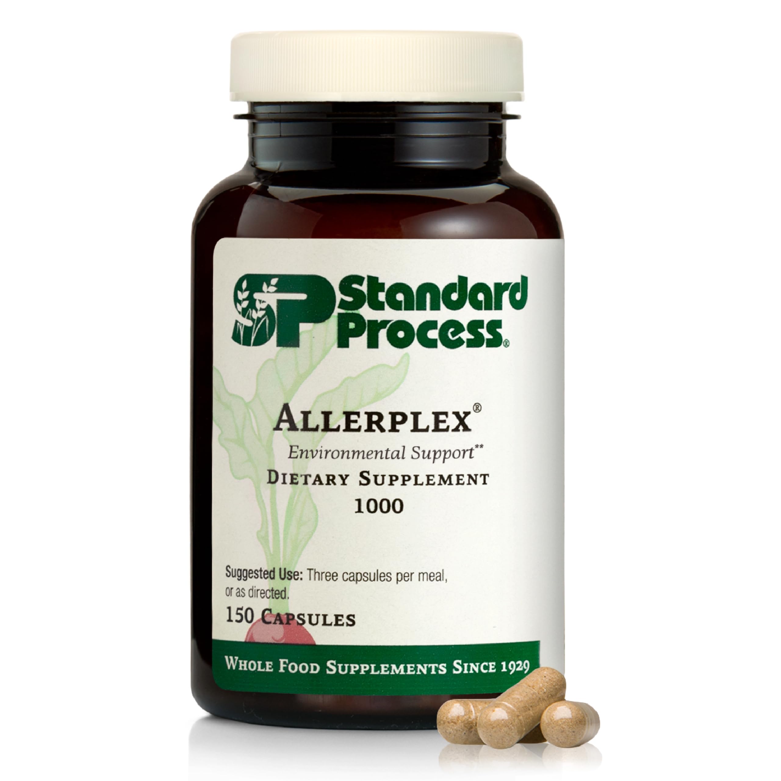 Standard Process Allerplex bottle on a white surface supports healthy mucous membranes