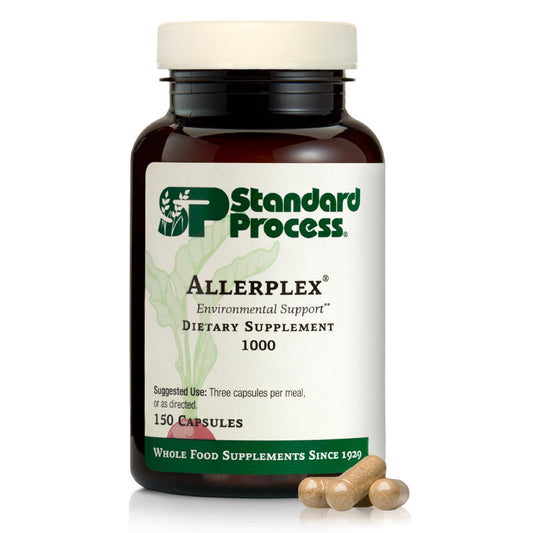 Standard Process Allerplex bottle on a white surface supports healthy mucous membranes