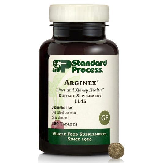 Standard Process Arginex bottle label highlighting antioxidant vitamin A support