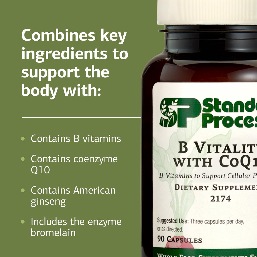 Standard Process B Vitality bottle beside a glass illustrating daily use