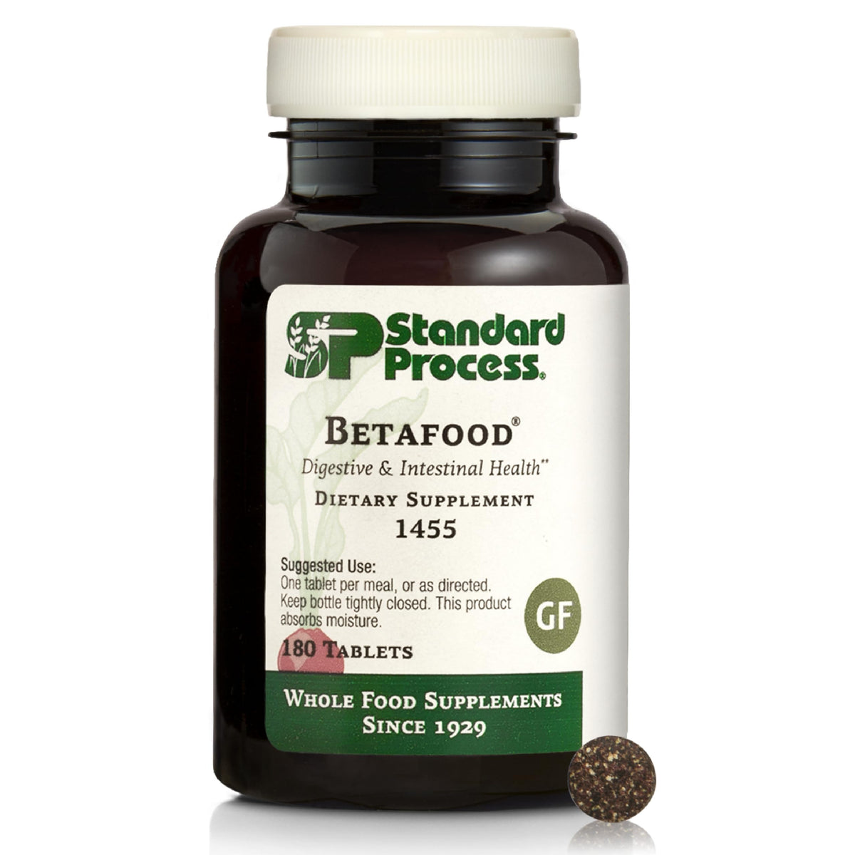 Standard Process Betafood bottle front label highlighting vegan digestive support for daily wellness.