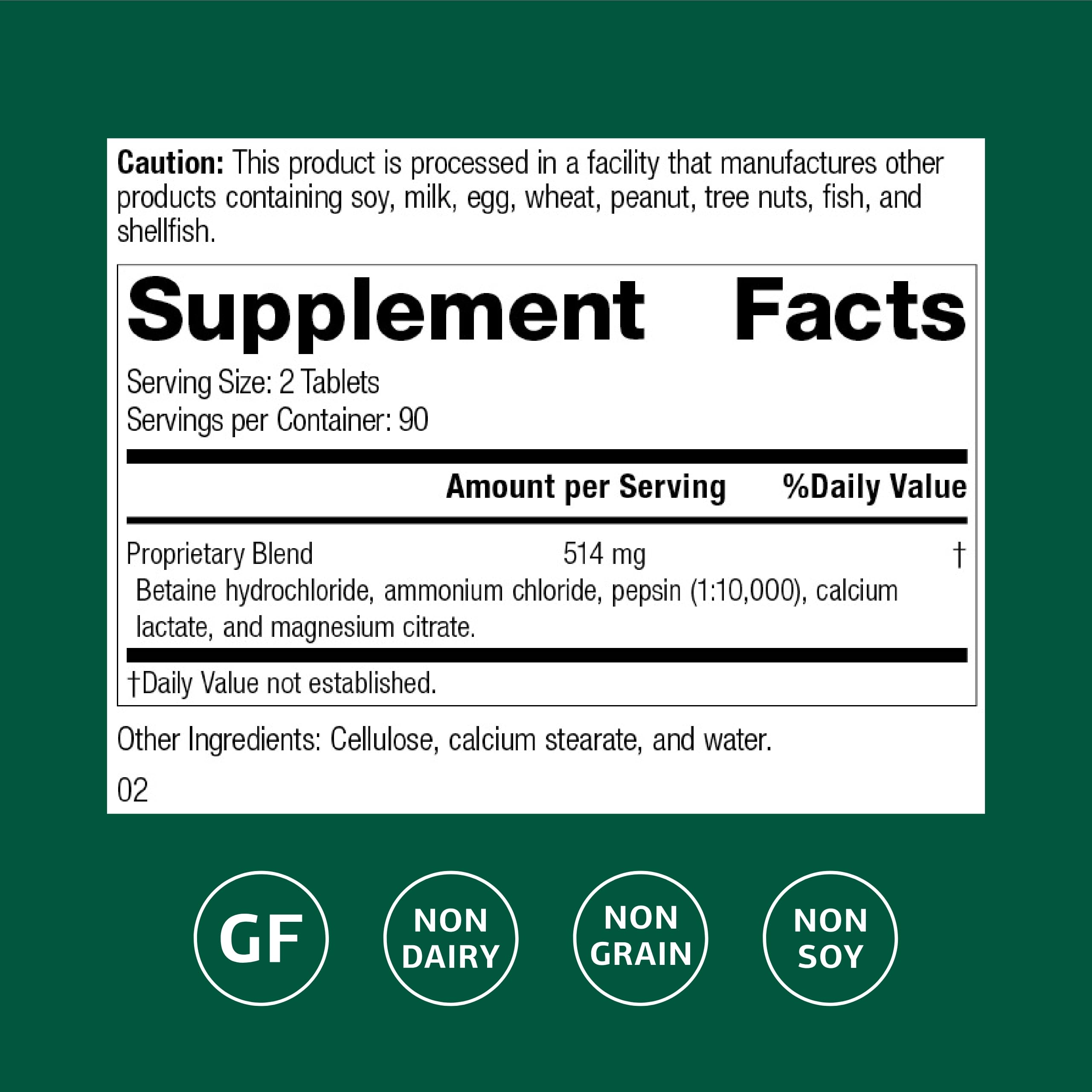 Standard Process Betaine HCl label highlighting gluten-free and non-dairy attributes