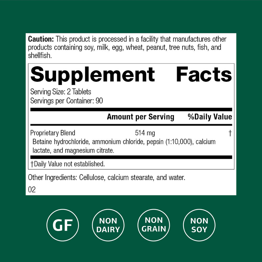 Standard Process Betaine HCl label highlighting gluten-free and non-dairy attributes