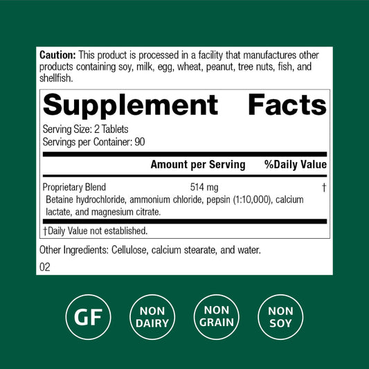 Standard Process Betaine HCl label highlighting gluten-free and non-dairy attributes