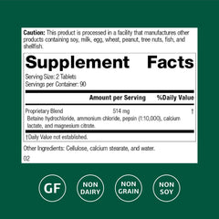 Standard Process Betaine HCl label highlighting gluten-free and non-dairy attributes