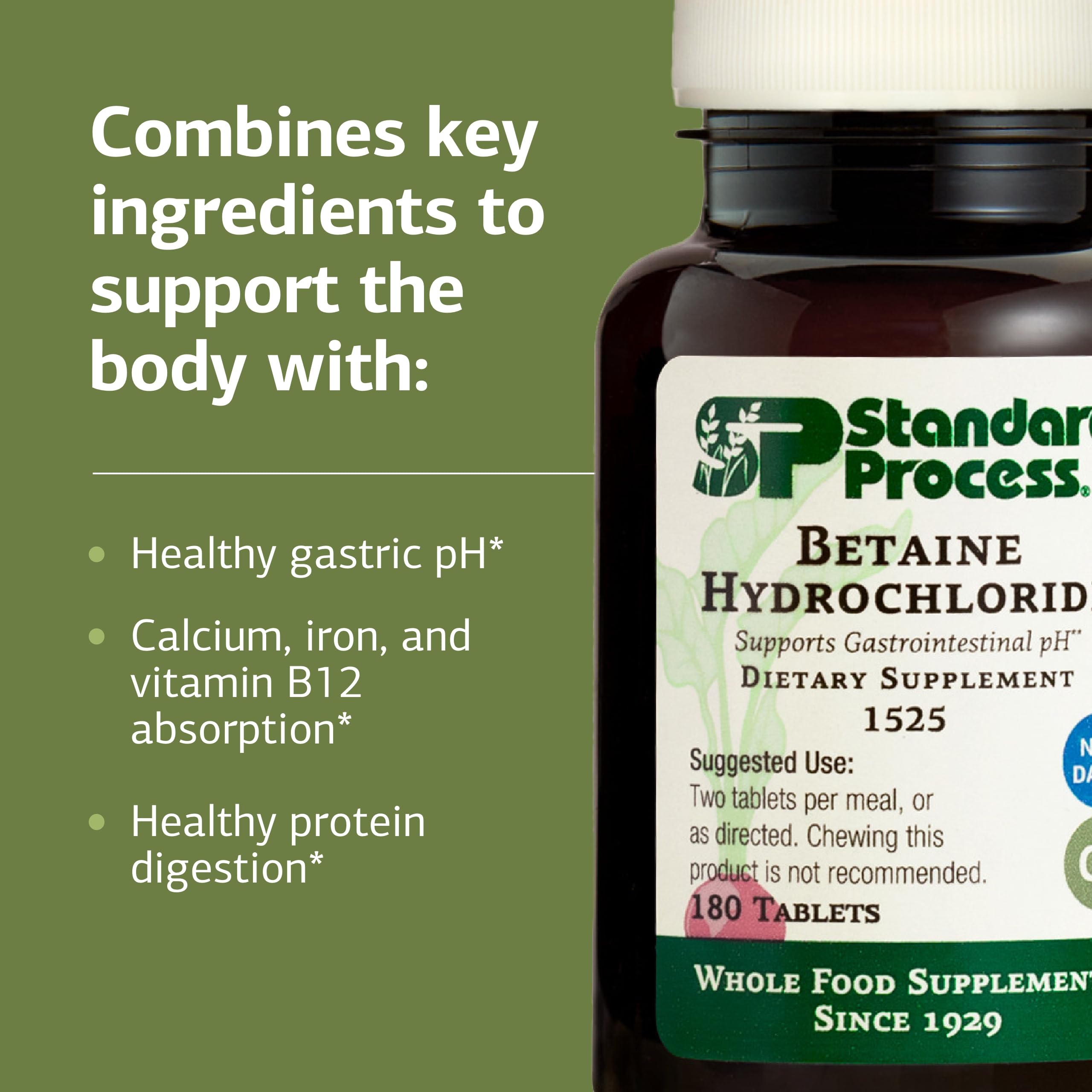 Standard Process Betaine HCl tablets back with dosage information