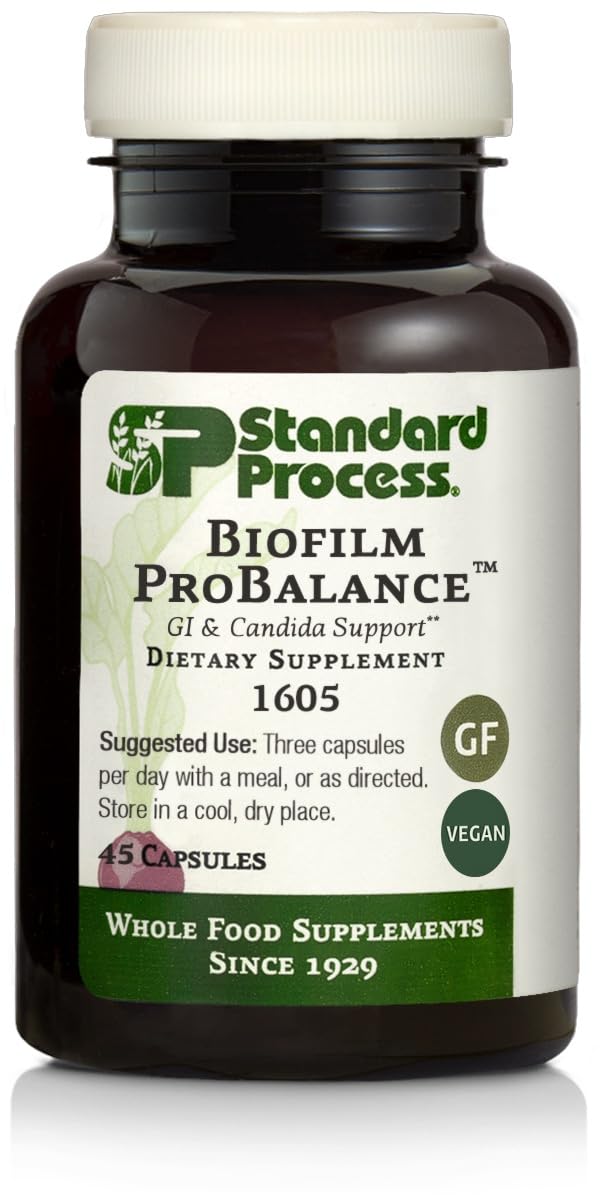 Standard Process Biofilm ProBalance bottle pour demonstrates easy daily probiotic use for gut support.