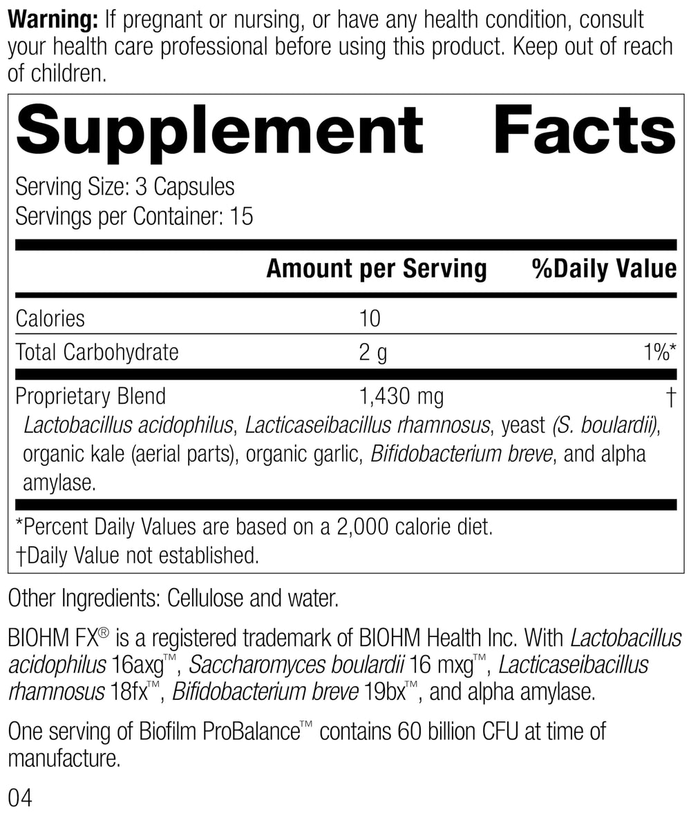 Standard Process Biofilm ProBalance capsules close-up highlights vegan, gluten-free probiotic supplement.