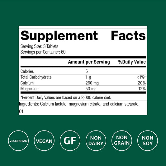 Close-up of Standard Process calcium lactate tablet showing non-dairy formula