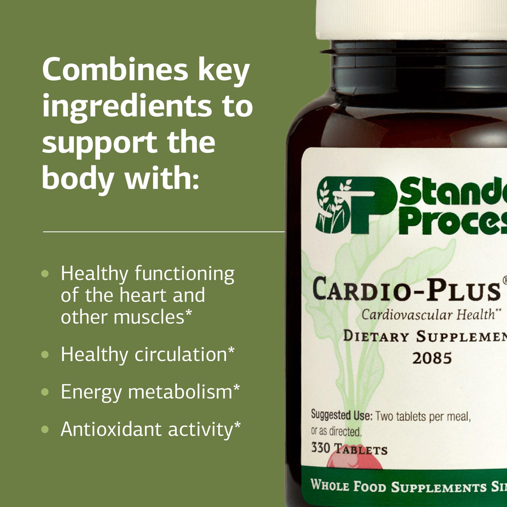 Standard Process Cardio-Plus GF nutrient facts panel highlighting B vitamins and vitamin C.