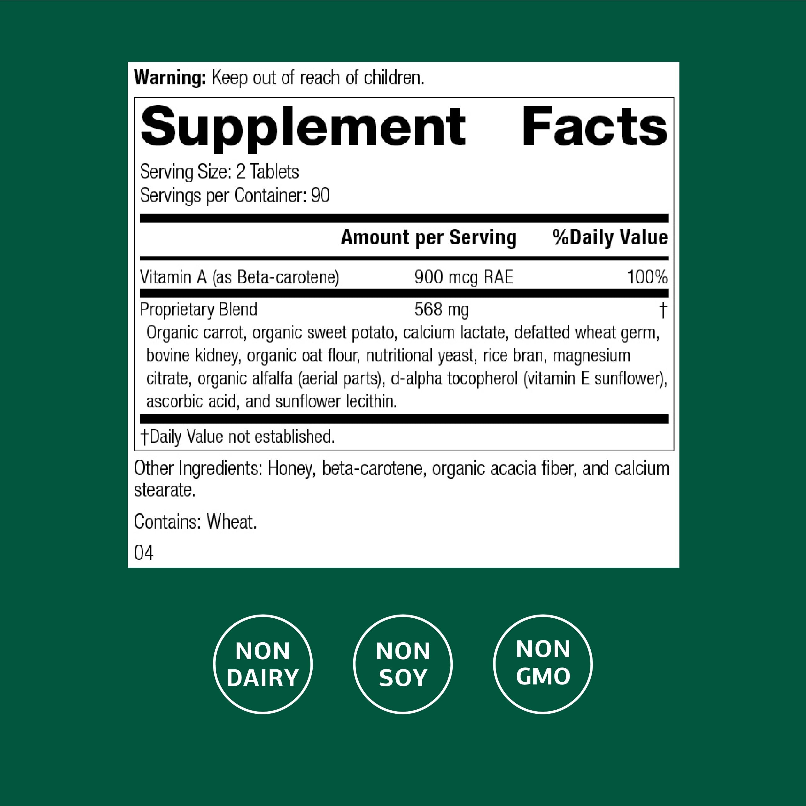 Cataplex A bottle label featuring beta-carotene from whole foods