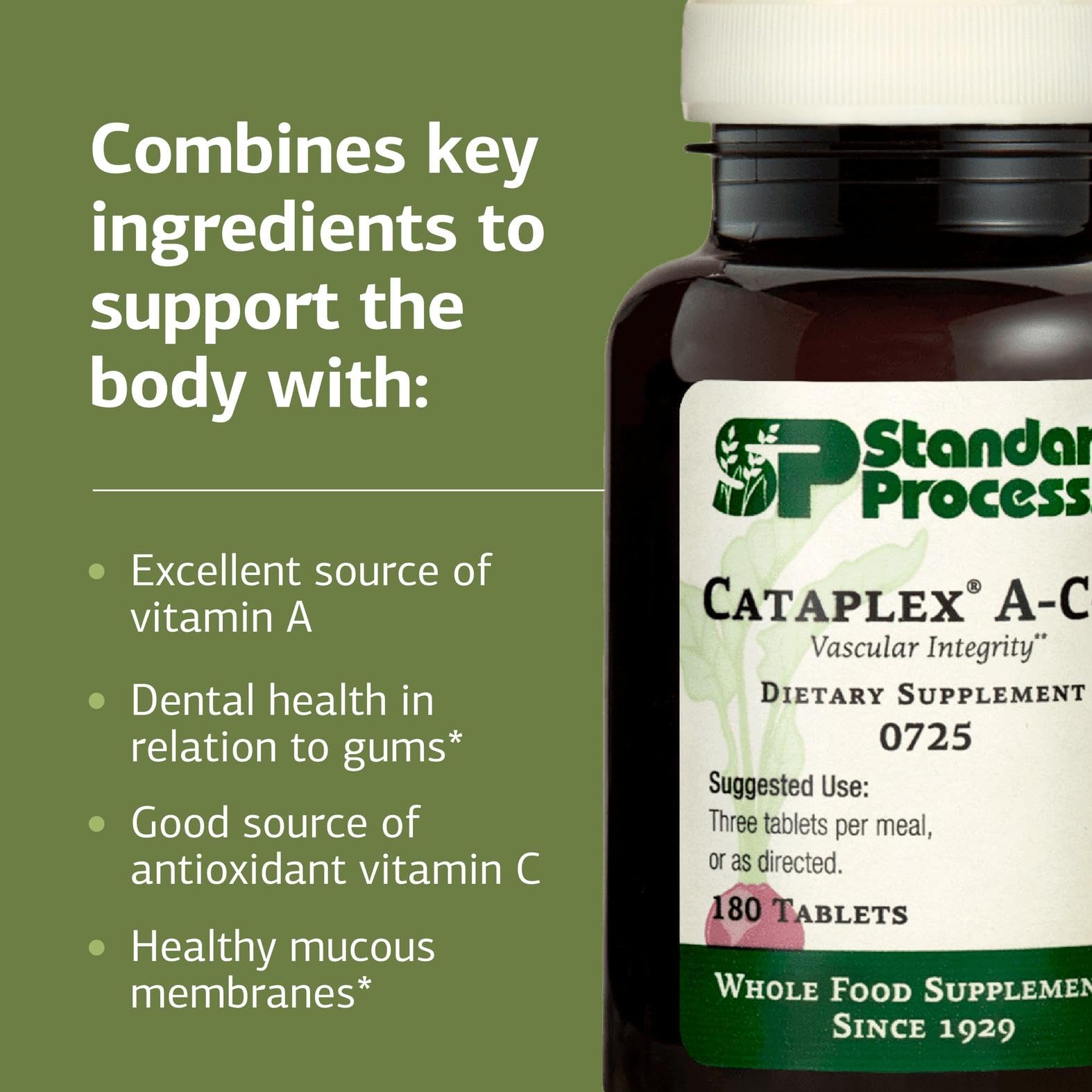 Standard Process Cataplex A-C-P highlights vitamin A and vitamin C sources.