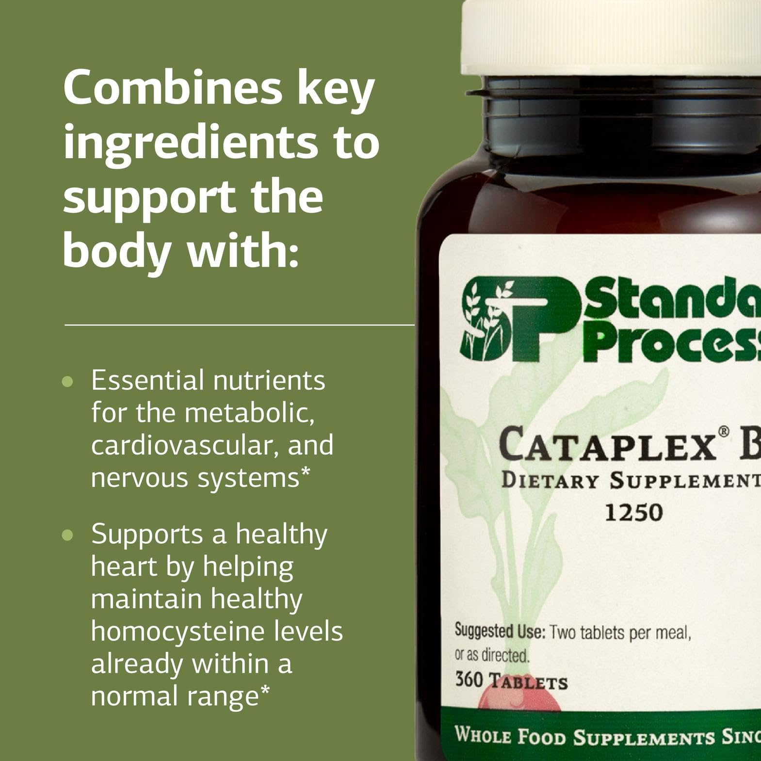 Standard Process Cataplex B packaging showing non-dairy and non-soy formulation for dietary flexibility.