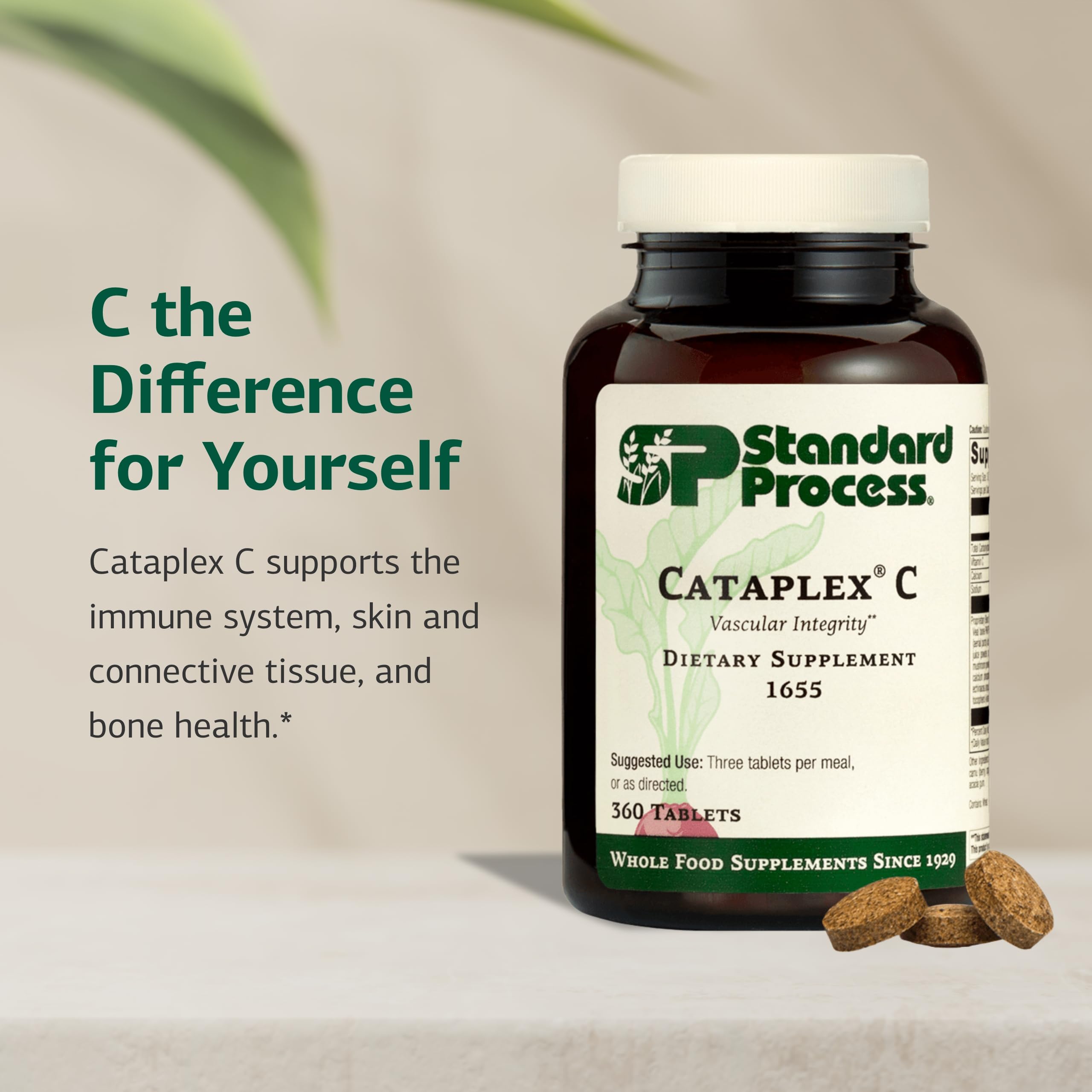 Standard Process Cataplex C tablets closeup emphasizes compact easy-to-take format.