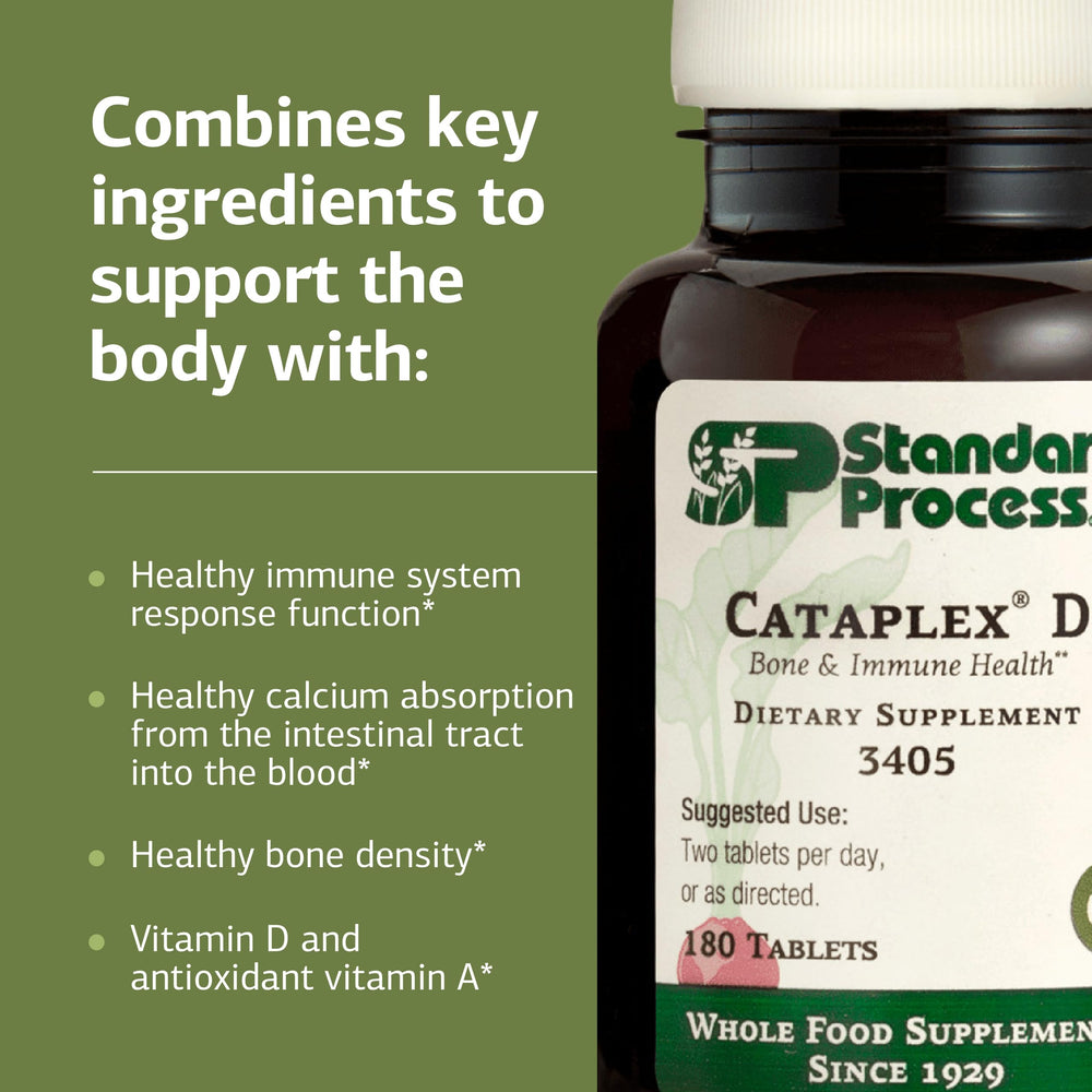Standard Process Cataplex D label closeup emphasizes gluten-free, non-dairy formulation for flexibility.