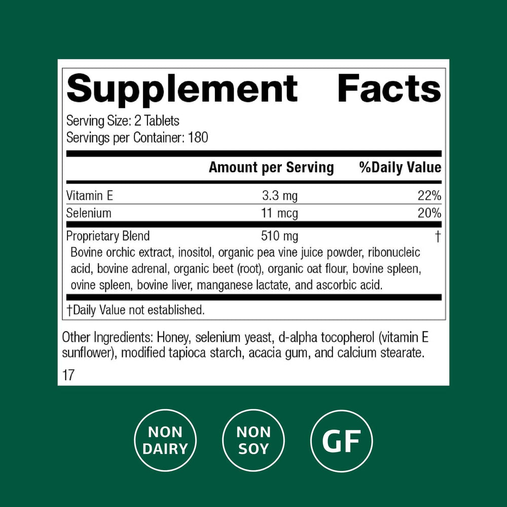Cataplex E tablets close-up shows antioxidant vitamin E and selenium benefits.