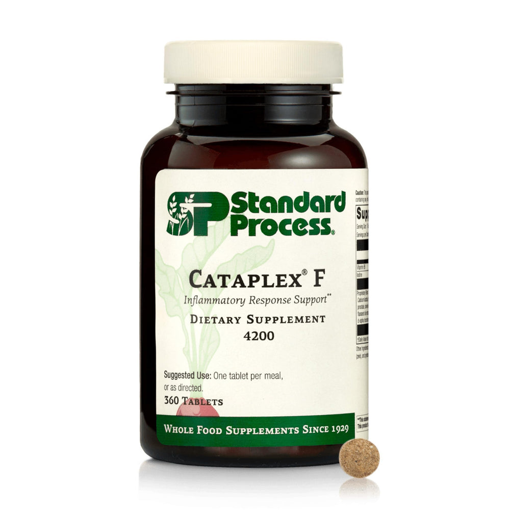 Standard Process Cataplex F bottle front showing compact tablets for energy metabolism support.