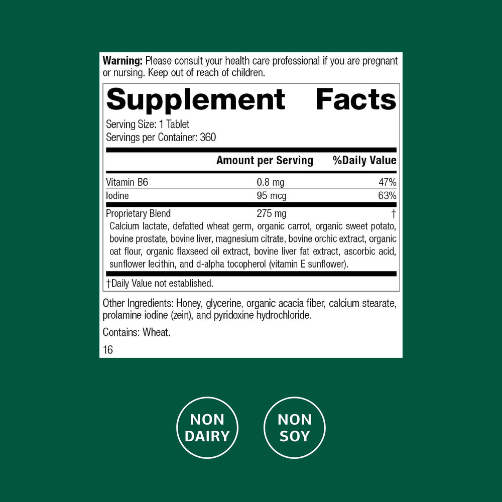 Standard Process Cataplex F bottle side label highlights non-dairy and non-soy formula.