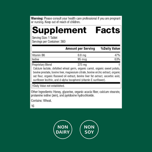 Standard Process Cataplex F bottle side label highlights non-dairy and non-soy formula.