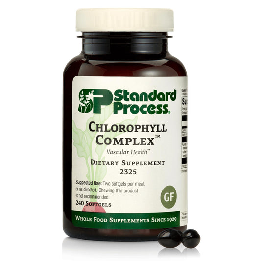 Standard Process Chlorophyll Complex bottle with capsules for detox support