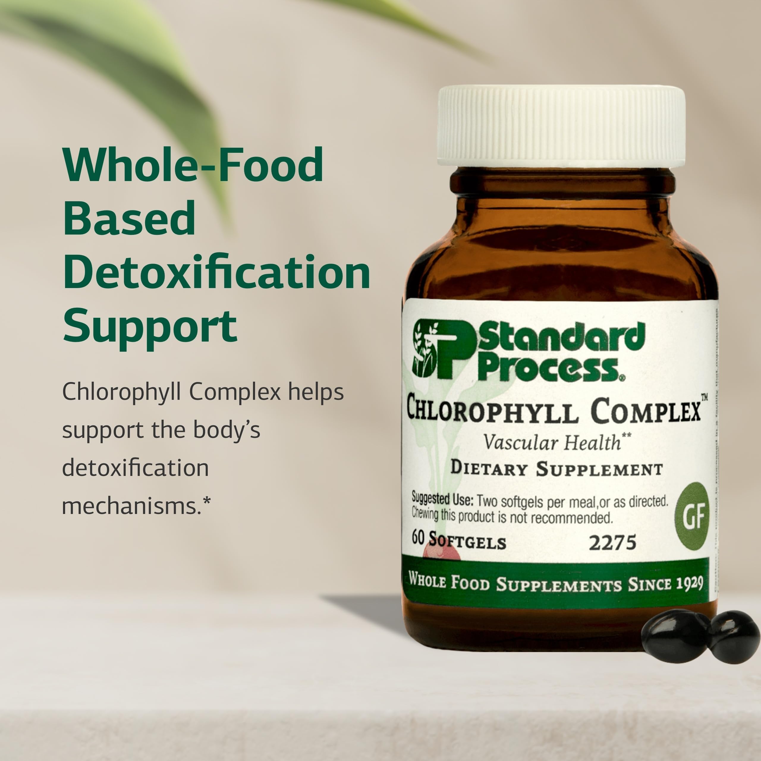 Chlorophyll Complex label close-up highlighting whole-food ingredients and gluten-free badge